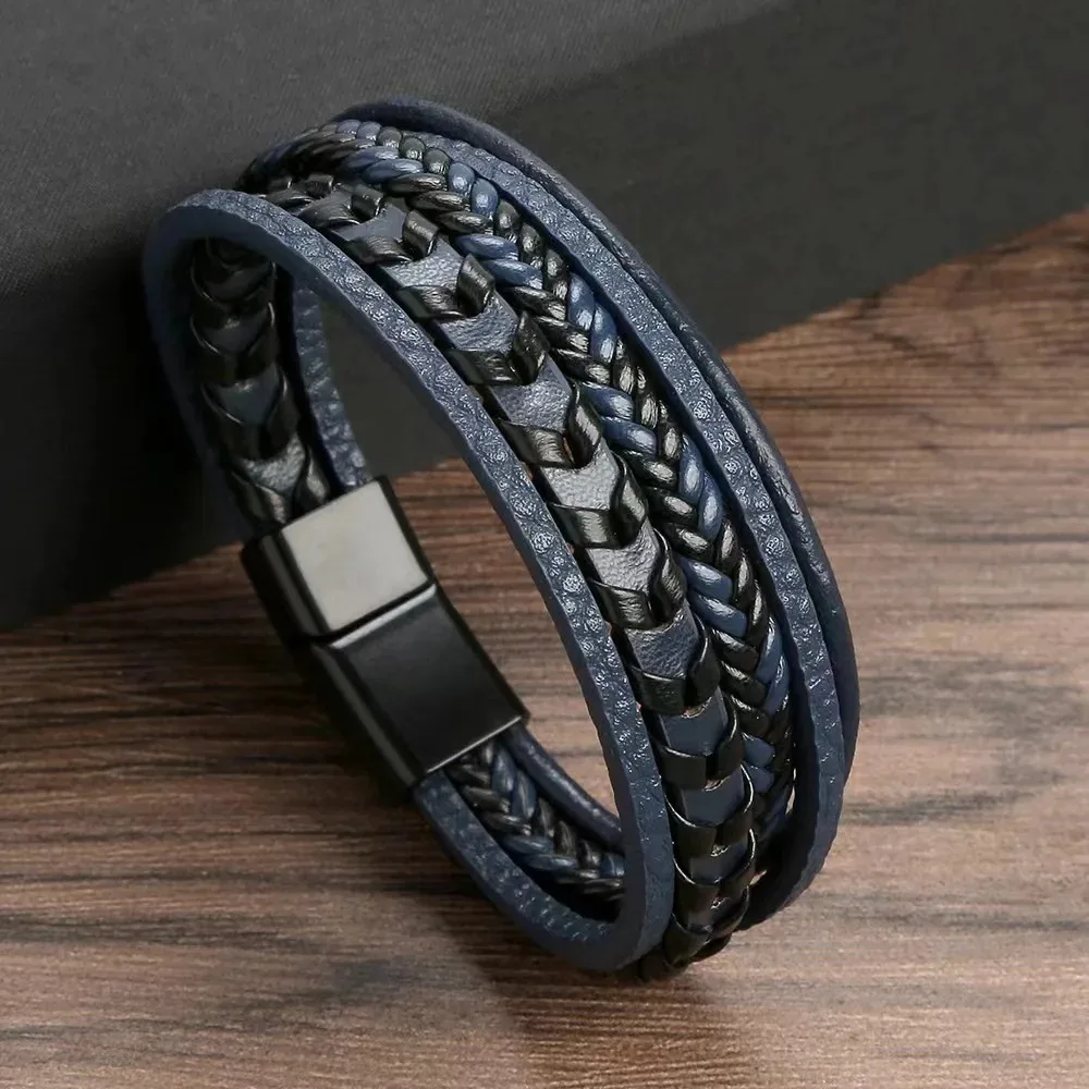 1pc na moda acessórios masculinos liga fivela magnética multi camada retro corda de couro trançado pulseira moda vestir