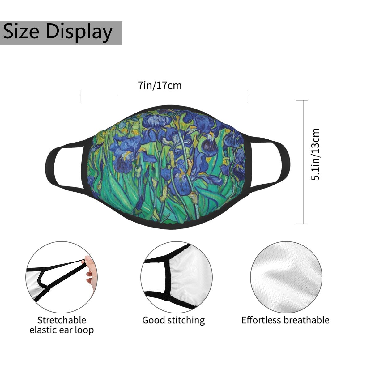 หน้ากากปิดปากใบหน้าน่ารักของเด็กๆ irises by Vincent van Gogh ใช้ซ้ำได้ระบายอากาศได้ดีหน้ากากปิดปากป้องกันฝุ่นน่ารักสำหรับเด็ก