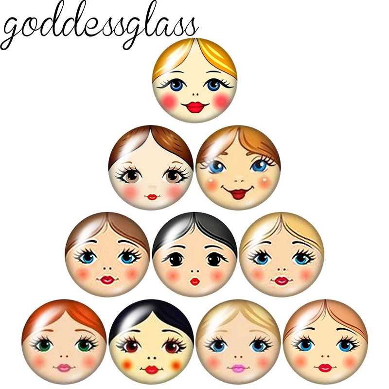 Boneca matryoshka rosto boneca menina russa 10 peças misturadas 12mm/18mm/20mm/25mm foto redonda cabochão de vidro demonstração parte traseira plana fazendo descobertas