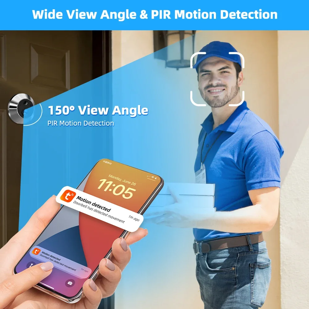 Campainha inteligente Tuya com câmera olho de porta com detecção automática 1080P 2.4G WiFi