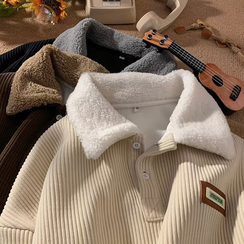 Sudaderas con capucha Vintage Harajuku para mujer, sudaderas con botones de pana gruesa de terciopelo de gran tamaño, Jersey, Polo cálido con contraste