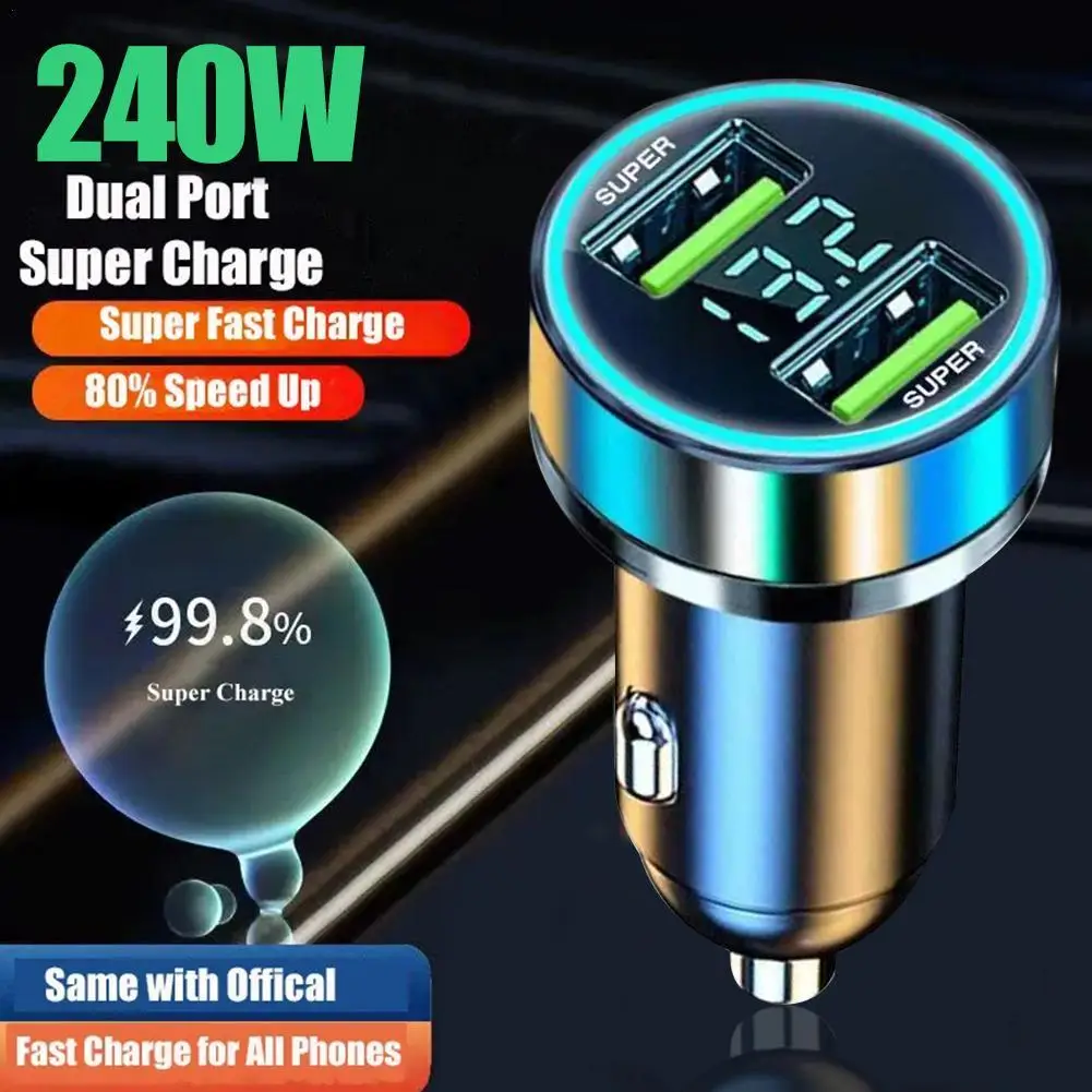 Cargador de coche de 240W con 2 puertos, adaptador de carga rápida USB con pantalla Digital para IPhone