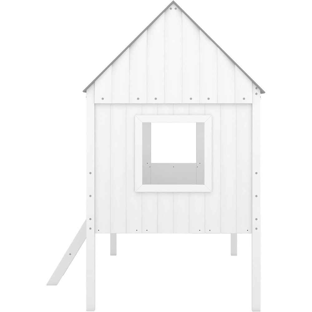 Twin House Bed for Kids Wood Low Loft Bed Frame with Windows and Roof, Easy Assembly, for Girls Boys (White+Gray)