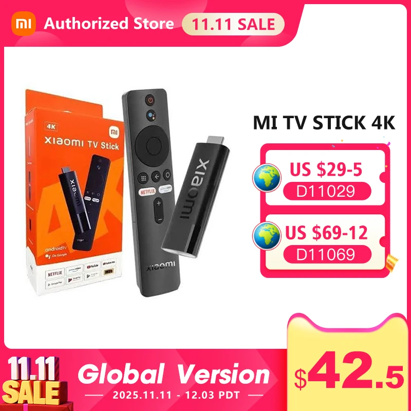 Wersja globalna Xiaomi Mi TV Stick 4K Android 11 BT5.0 TV Dongle Przenośne multimedialnie strumieniowe z wieloma językami