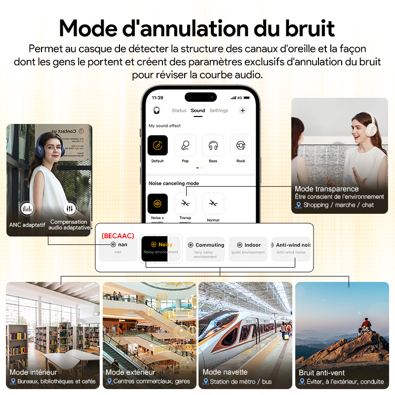 QCY-Casque sans fil H3 ANC, Bluetooth 5.4, audio haute résolution, casque sur l'oreille, hybride 43dB, suppression active du bruit, écouteurs 60H