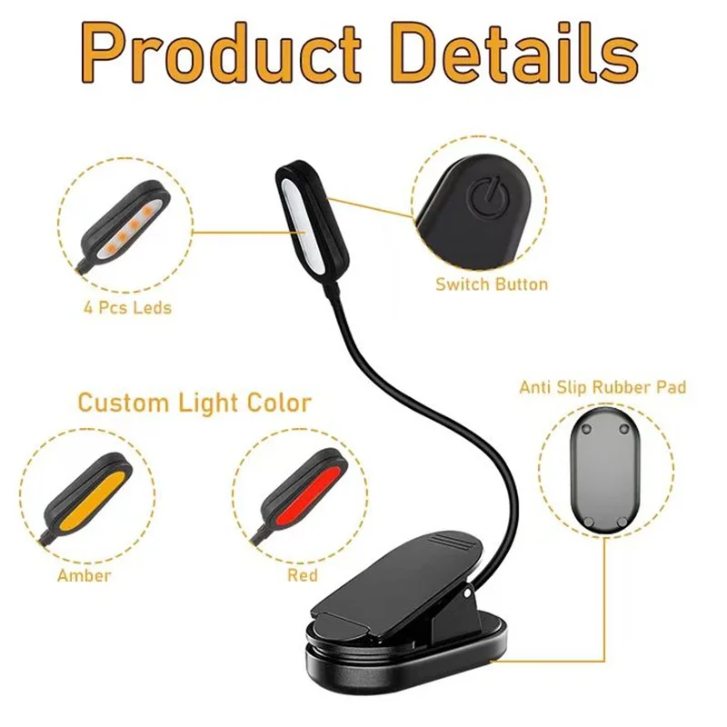 Luz de libro ámbar para lectura nocturna, lámpara de mesa con Clip, USB tipo C, recargable, Led Kindle, bloqueo de luz azul para niños