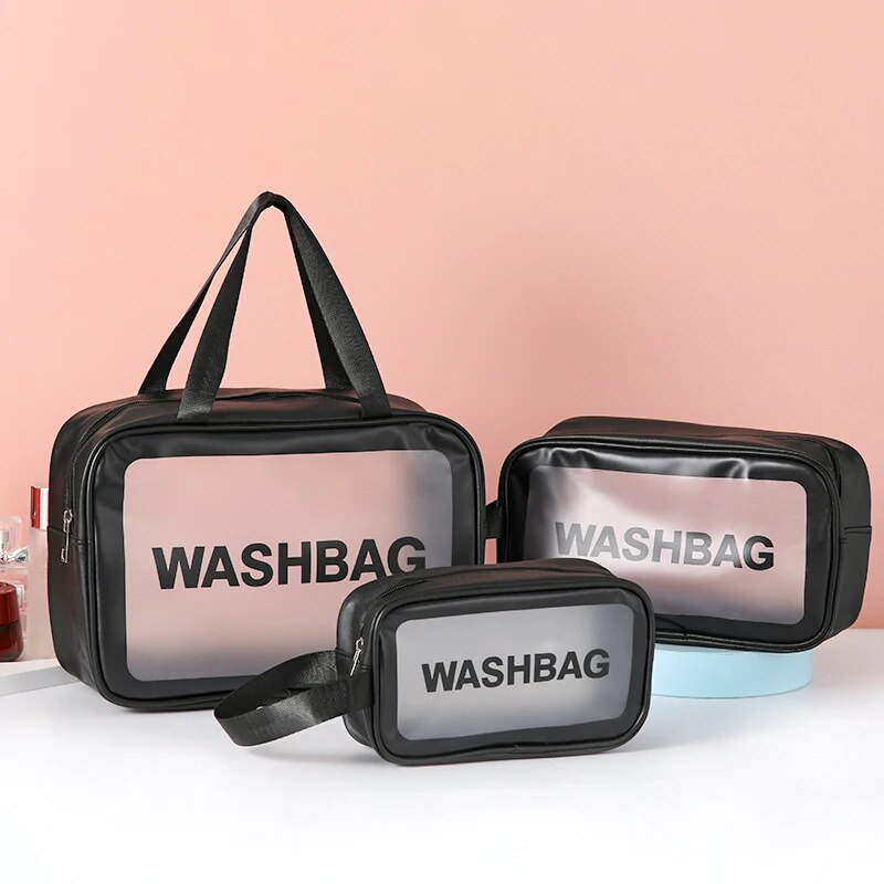 1pcs  Pu Transparent Three Piece Makeup And Toiletries Bag, Large Capacity Pvc Semi Transparent Frosted Portable Storage Bag