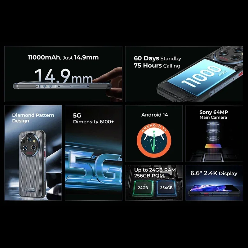 Oukitel WP35 5G Rugged Smartphone 11000 mAh 24GB+256GB Mobile Phone Android 14 64 MP NFC Cell Phone