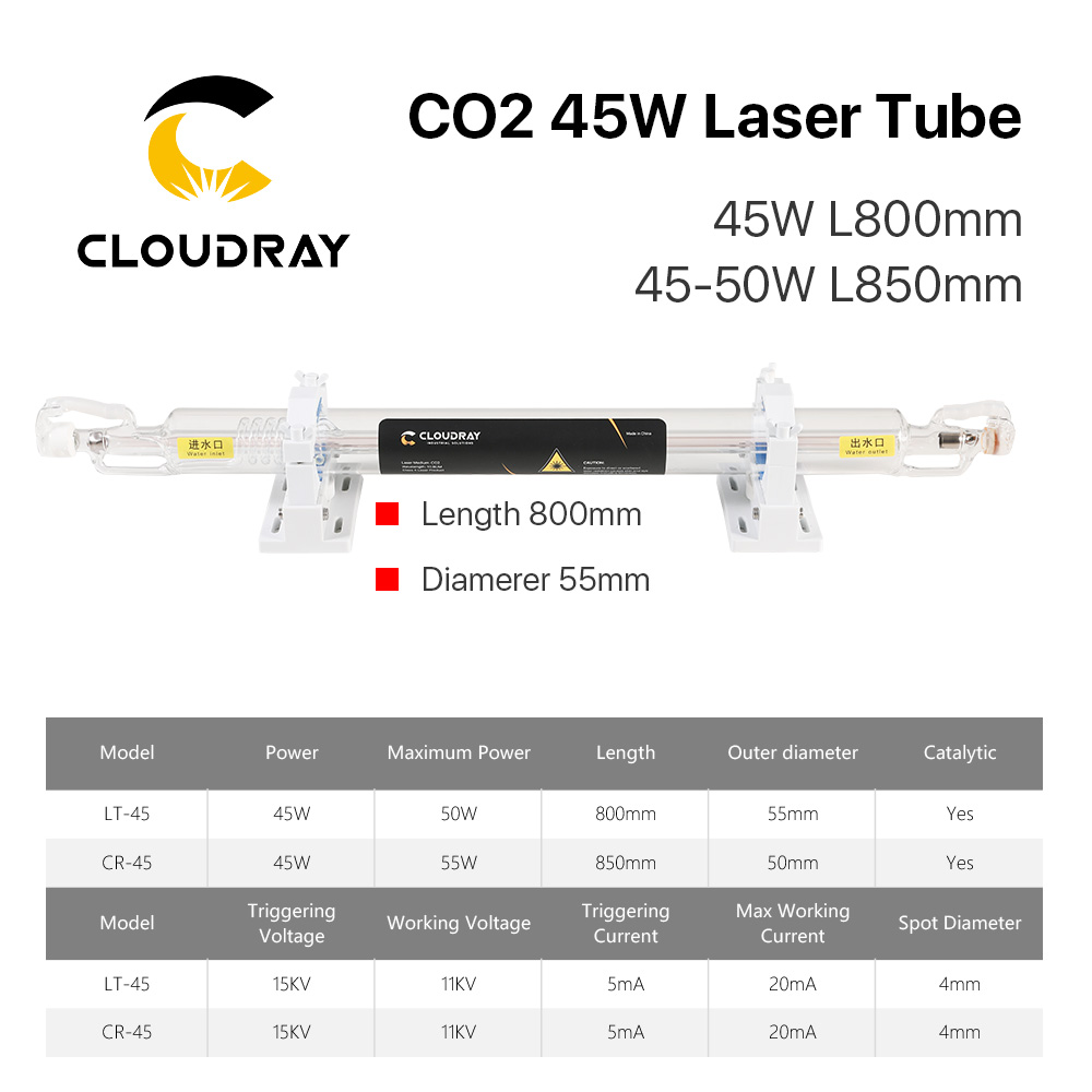 Cloudray Co2ガラスレーザーチューブパイプDia.50mm 55ミリメートル800ミリメートル850ミリメートル45-50ワットガラスレーザー用CO2レーザー彫刻切断機