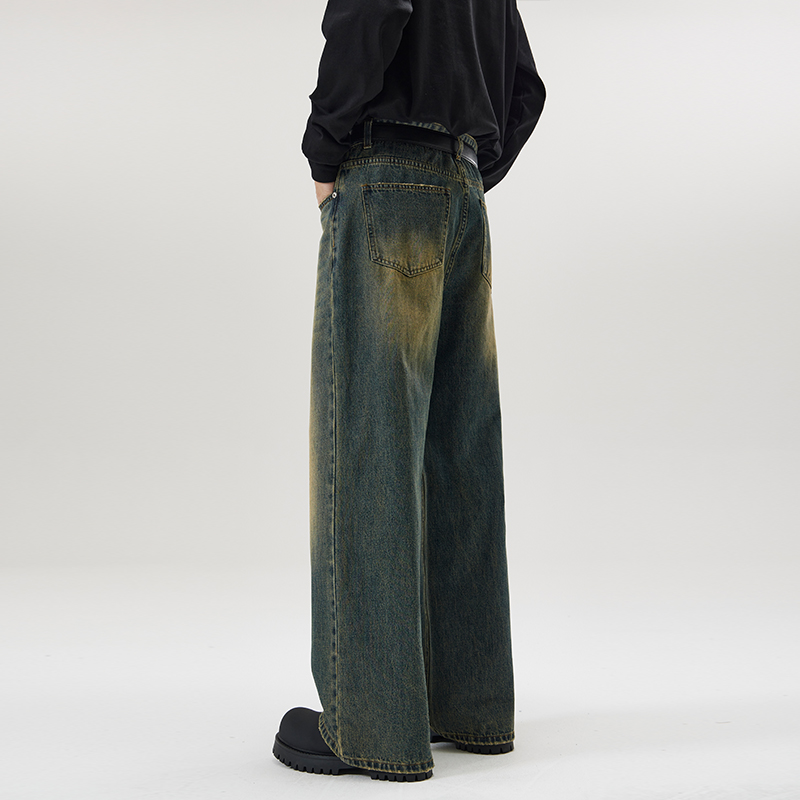 Vintage Distressed Herren Baggy Straight Jeans Frühling Herbst Koreanische High Street Schnurrbart Effekt Denim Hosen Streetwear Hosen