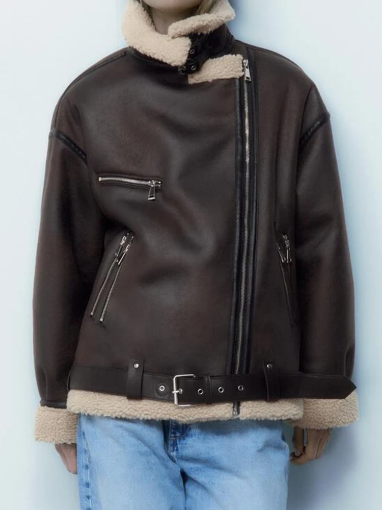 Ailegogo 秋冬女性フェイクラムファー厚く暖かいジャケットベルトストリート女性ジッパールーズモトバイカーコート生き抜く