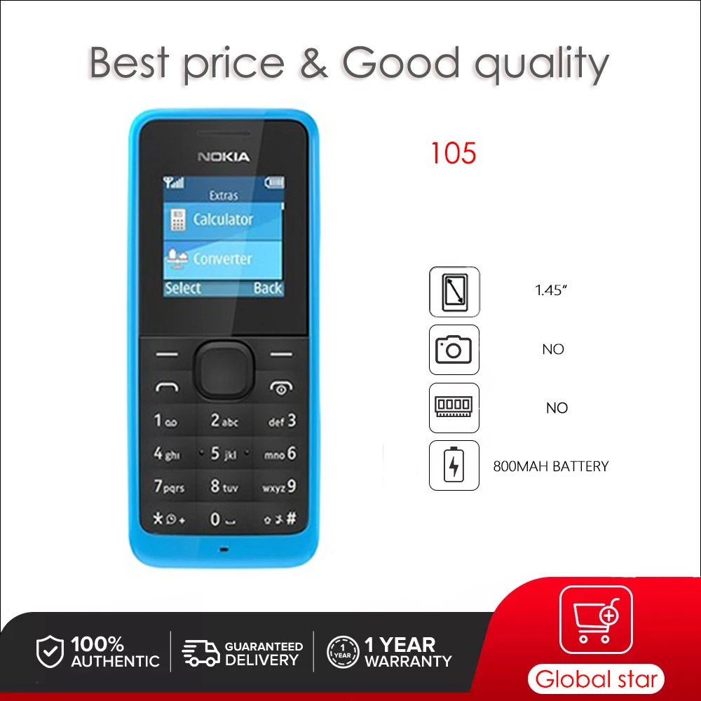 Original Unlocked 105/1050（2013） Mobile Phone Russian Arabic Hebrew Keyboard Made in Finland Free Shipping
