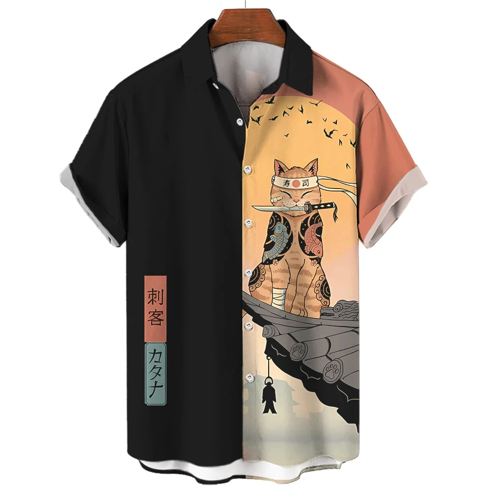 Mode Herrenbekleidung Coole Samurai Katze Tops Sommer Neue Herrenbekleidung Lässige Kurzarm Anime Lose Bluse Hawaiihemden