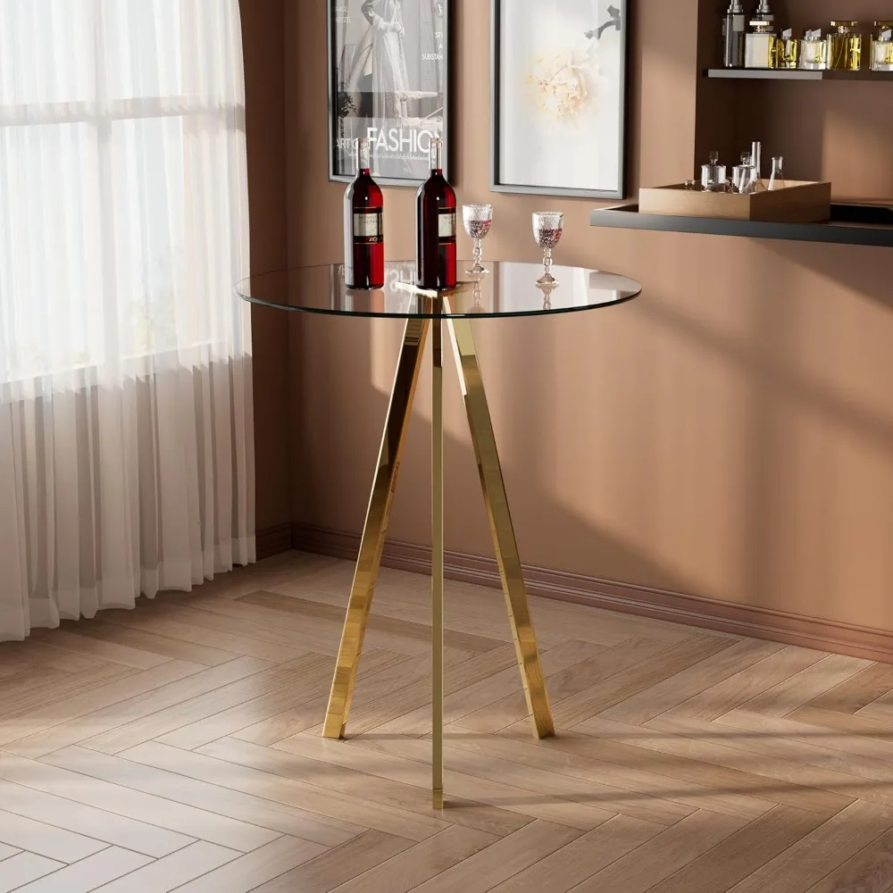 Round Bar Table, 37.4" High Pub Table, 31" Small Cocktail Table with Metal Base & Glass Top, for Small Spaces, Bistro Pub, Cafe