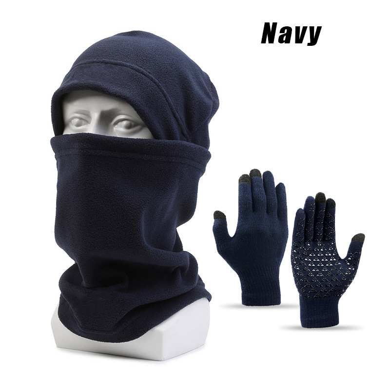 Conjunto de calor de inverno masculino de 3 peças: gorro de malha, polaina de pescoço com cordão e capa facial forrada de lã com proteção para os ouvidos