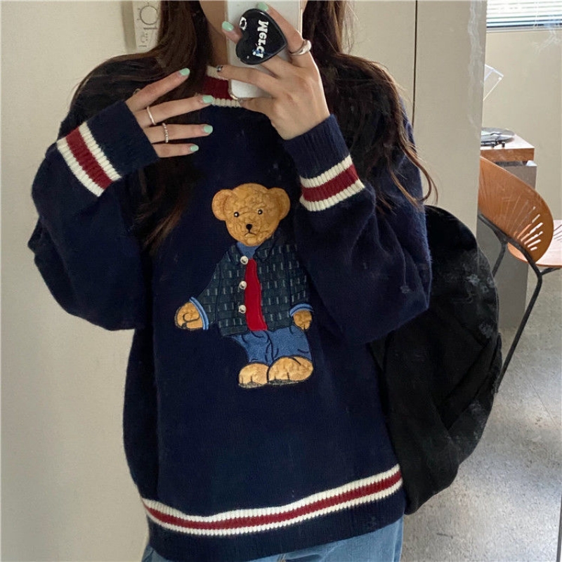韓国レビュー多くの服怠惰なニットウェアクマプルオーバー若々しい女性 2024 新しいコレクション秋冬暖かいルーズジャージ