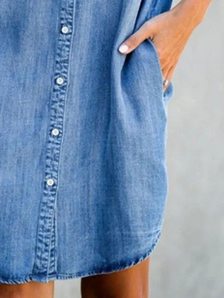Sommer Neue Einreiher Denim Hemd Kleid frauen Casual Lose Tasche Einfache Retro Pendler Weibliche Büro Denim Kurzen Rock