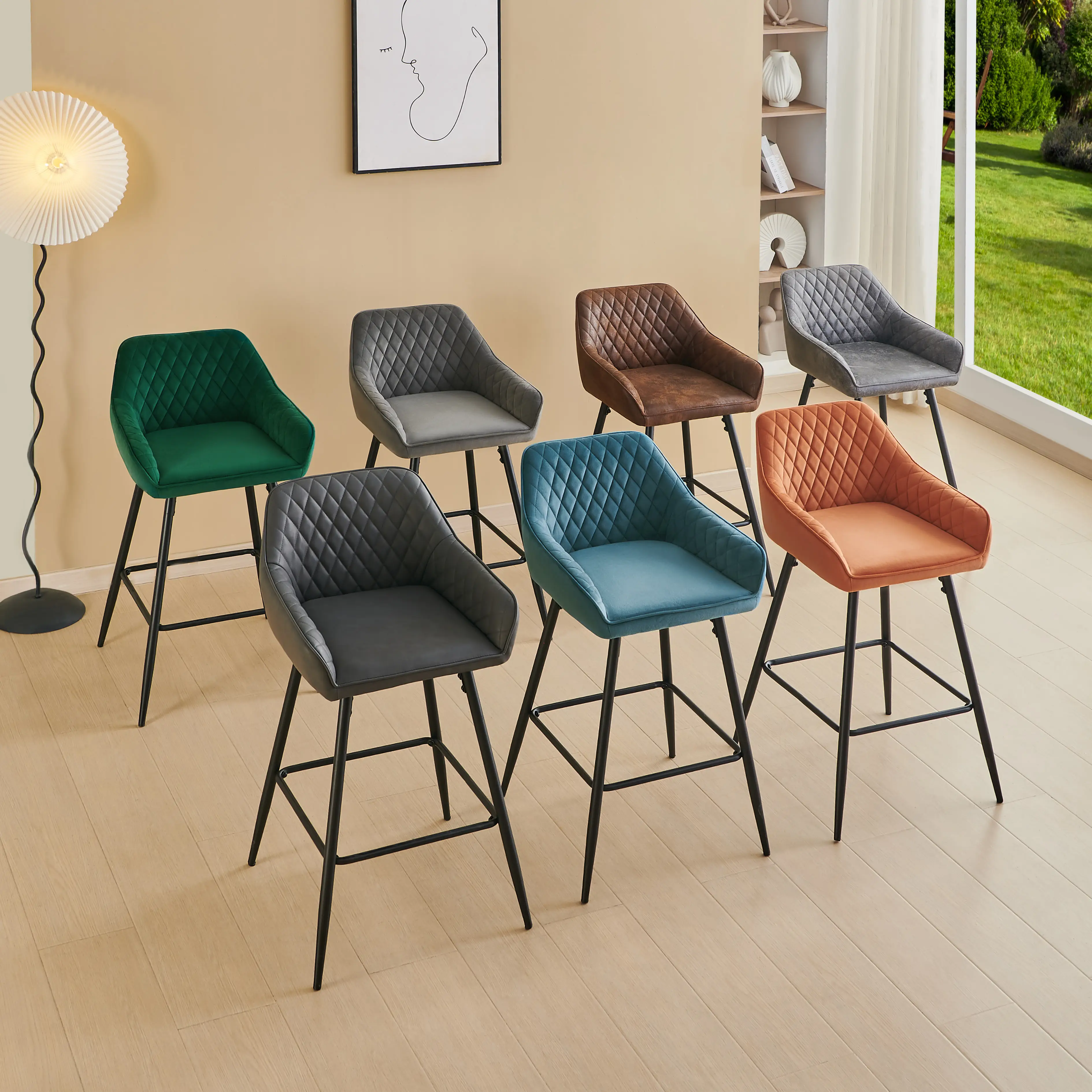 AINPECCA Bar stools Set of 2 Velvet/FauxSuede/Faux Leather Upholstered Seat with Backrest & Armrest Metal Legs Counter Breakfast
