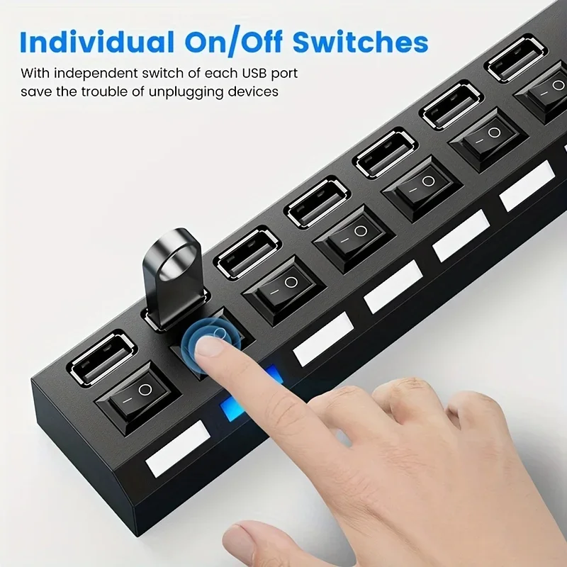Hub adaptador USB 2.0 de 7 puertos con luz LED con encendido y apagado independiente para ordenadores, tabletas, portátiles, compatible con transmisión de datos