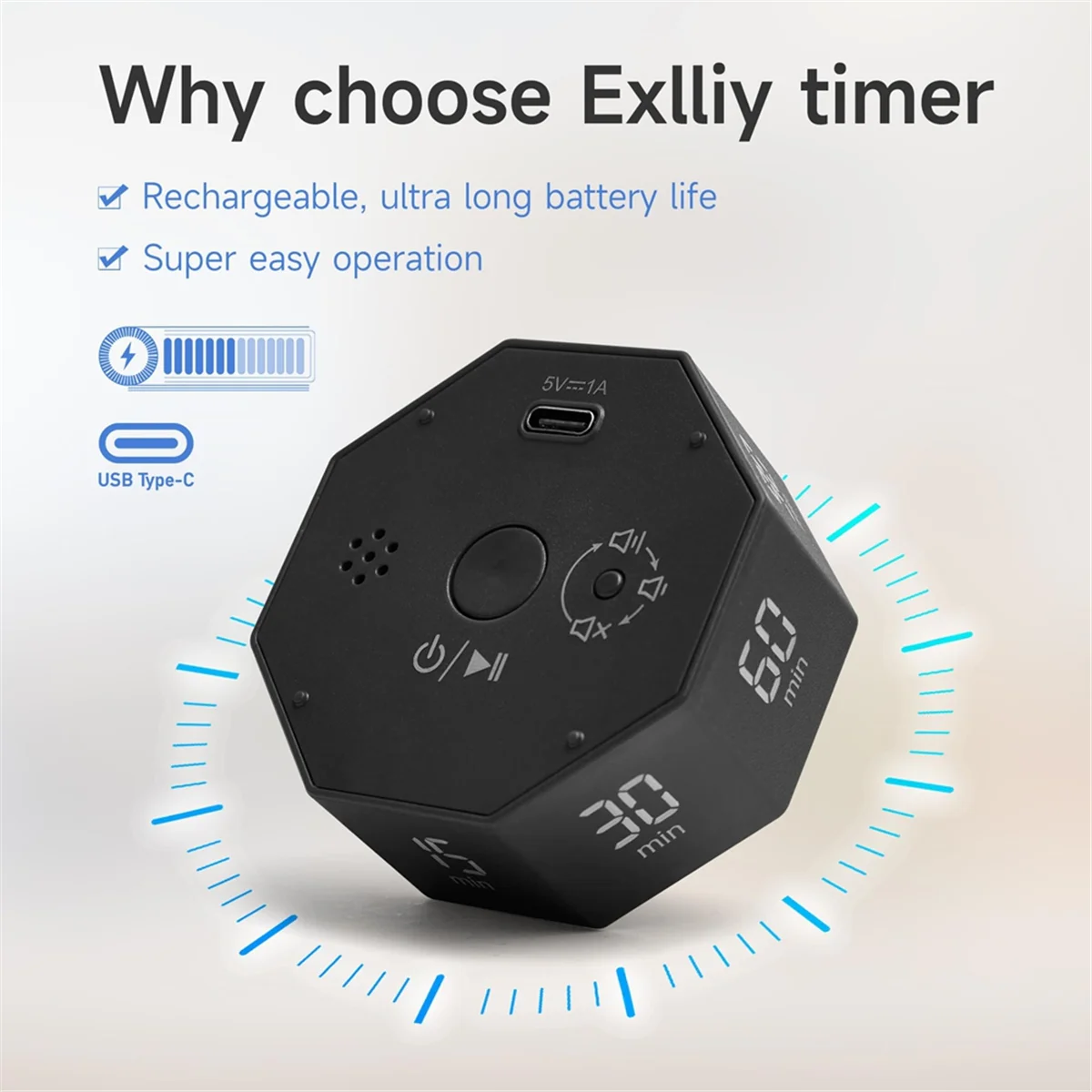 A72P Visual Countdown Timer 1,3,5,15,30,60,90 Minutes Preset,Desk Productivity Timer W/ Sensor,for Work,School,Kitchen