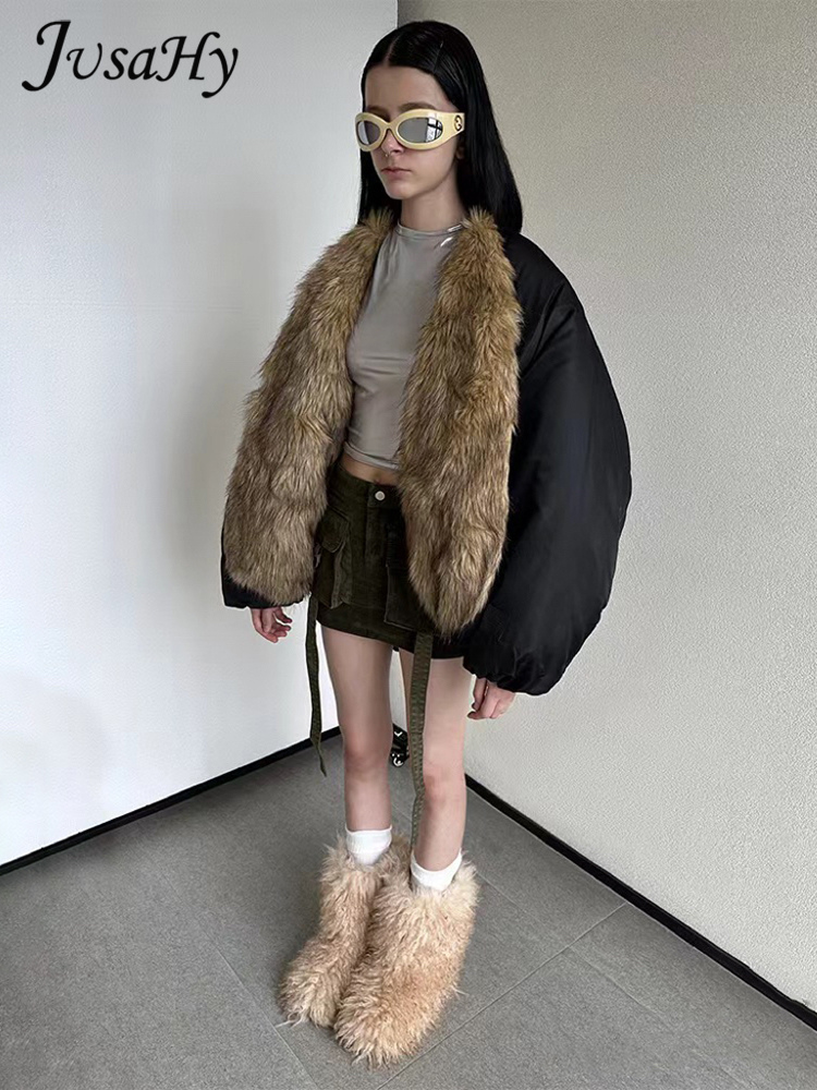 Jusahy แจ็คเก็ตลำลองขนยาวสำหรับผู้หญิง, ใหม่เสื้อแจ็คเก็ตบุนวมปกเสื้อแบบคลาสสิกตรงสุดชิค