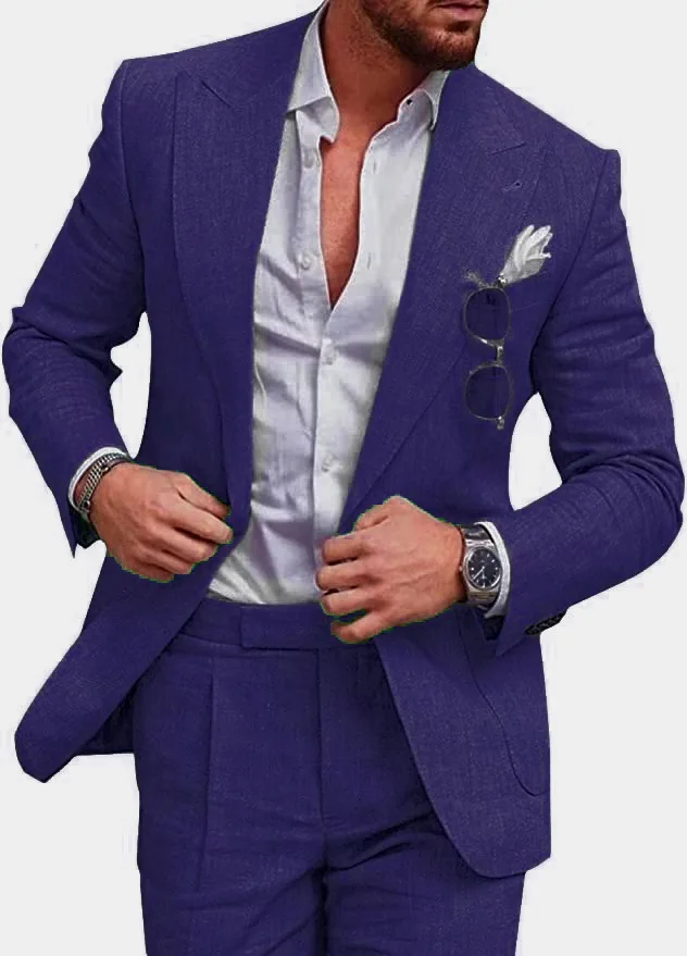 Korean Version Linen Solid Color Business Two-piece Set, Men's Spring New Casual Back Slit Single Button Lapel Suit + Trousers