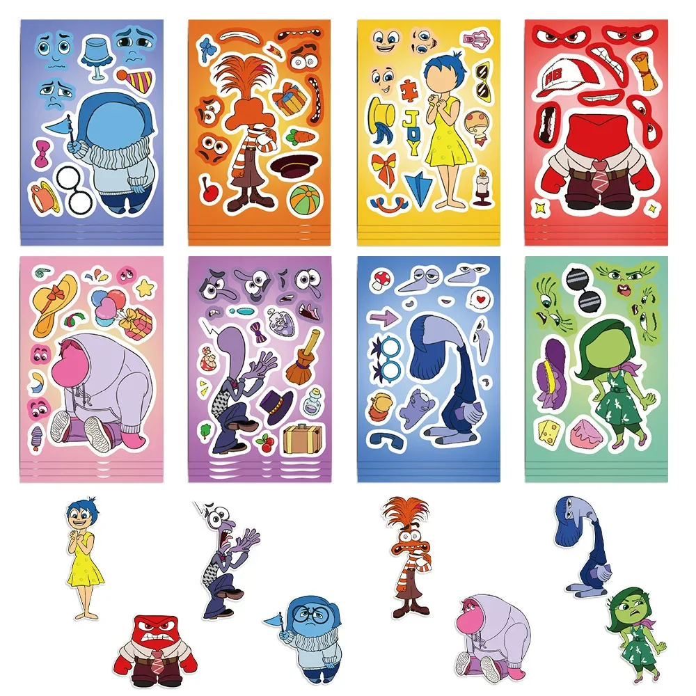 8/16/32 แผ่น Disney ภาพยนตร์ Inside Out Make A Face ปริศนาสติกเกอร์เด็กทํา DIY เกมเด็กจิ๊กซอว์การศึกษาของเล่น
