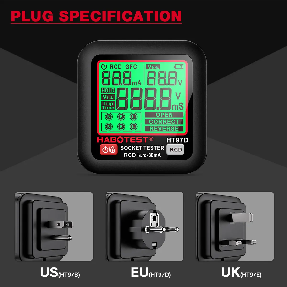 HT97 เครื่องทดสอบซ็อกเก็ต Pro ทดสอบแรงดันไฟฟ้า LCD Digital Outlet SOCKET ตรวจจับ US/UK/EU Plug GROUND ZERO Line ปลั๊กขั้ว Phase Check