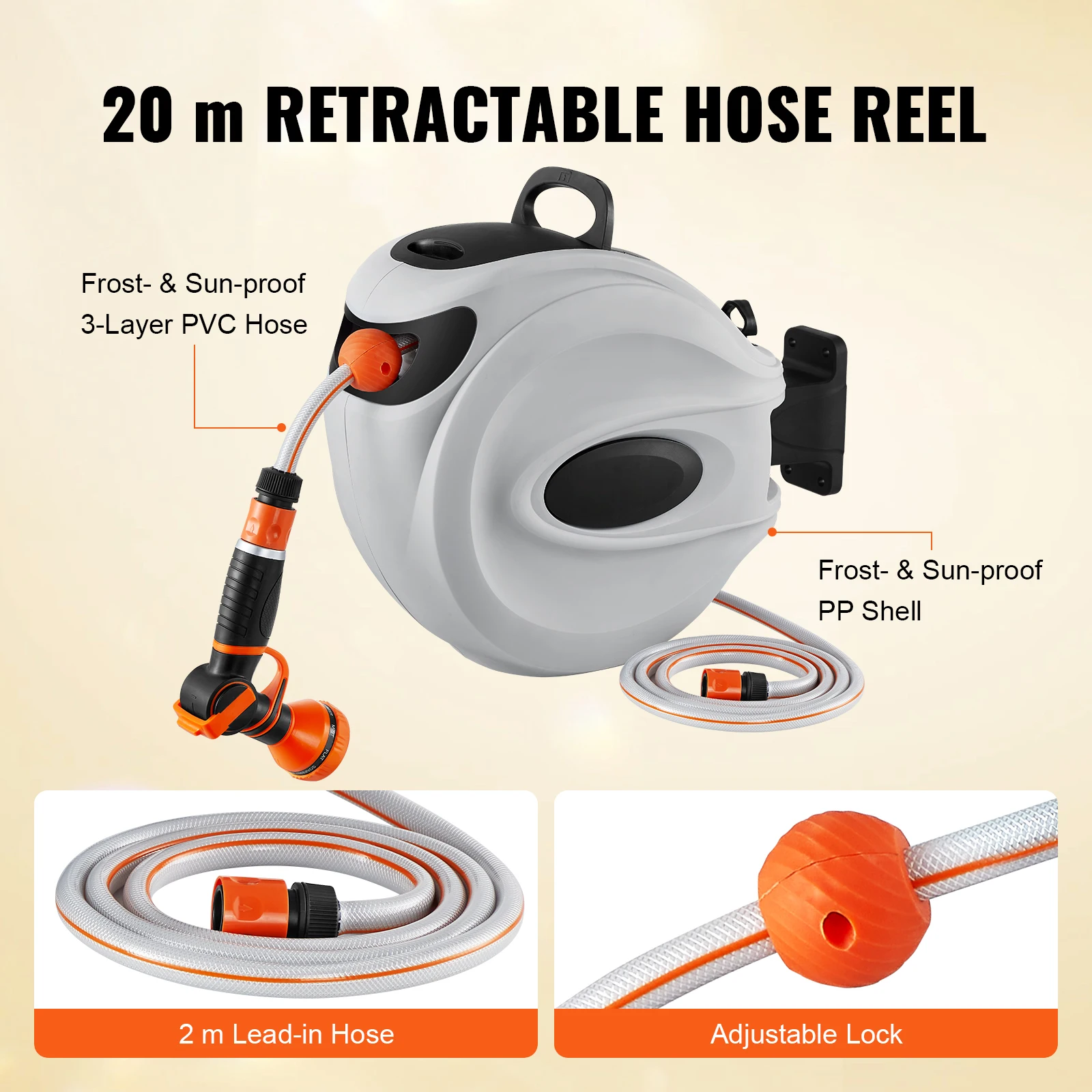 SucceBuy Retractable Hose Reel1/2 inch 180° Swivel Bracket Wall-Mounted Garden Water Hose Reel with 9-Pattern Nozzle and 3 Fast