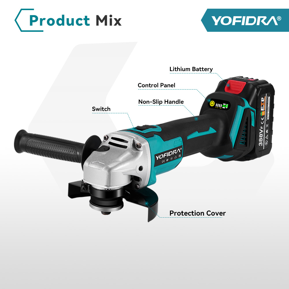 Yofidra 125mm Brushless Angle Grinder 4 Gears Cordless Grinding Machine Cutting Woodworking For Makita 18V-21V Battery Pin