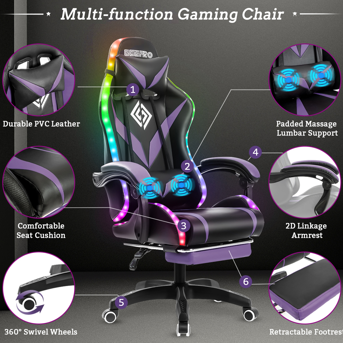 Gaming Chair with PVC Leather Massage Swivel Ergonomic Reclining High Back Office Chair Height Adjustable Headrest Lumbar Suppor