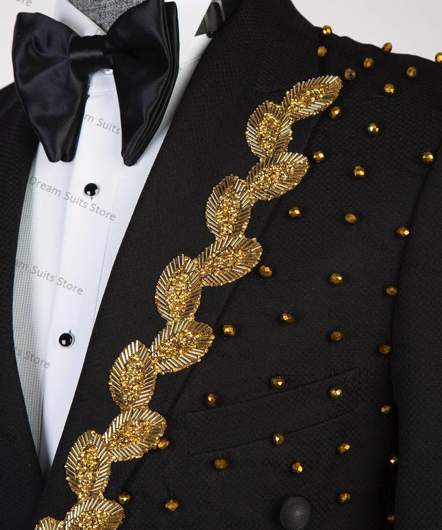 Golden Crystals Black Men Suits Set 2 Pieces Blazer+Cotton Pants Custom Made Jacket Wedding Tuxedo Office Male Custom Made Coat