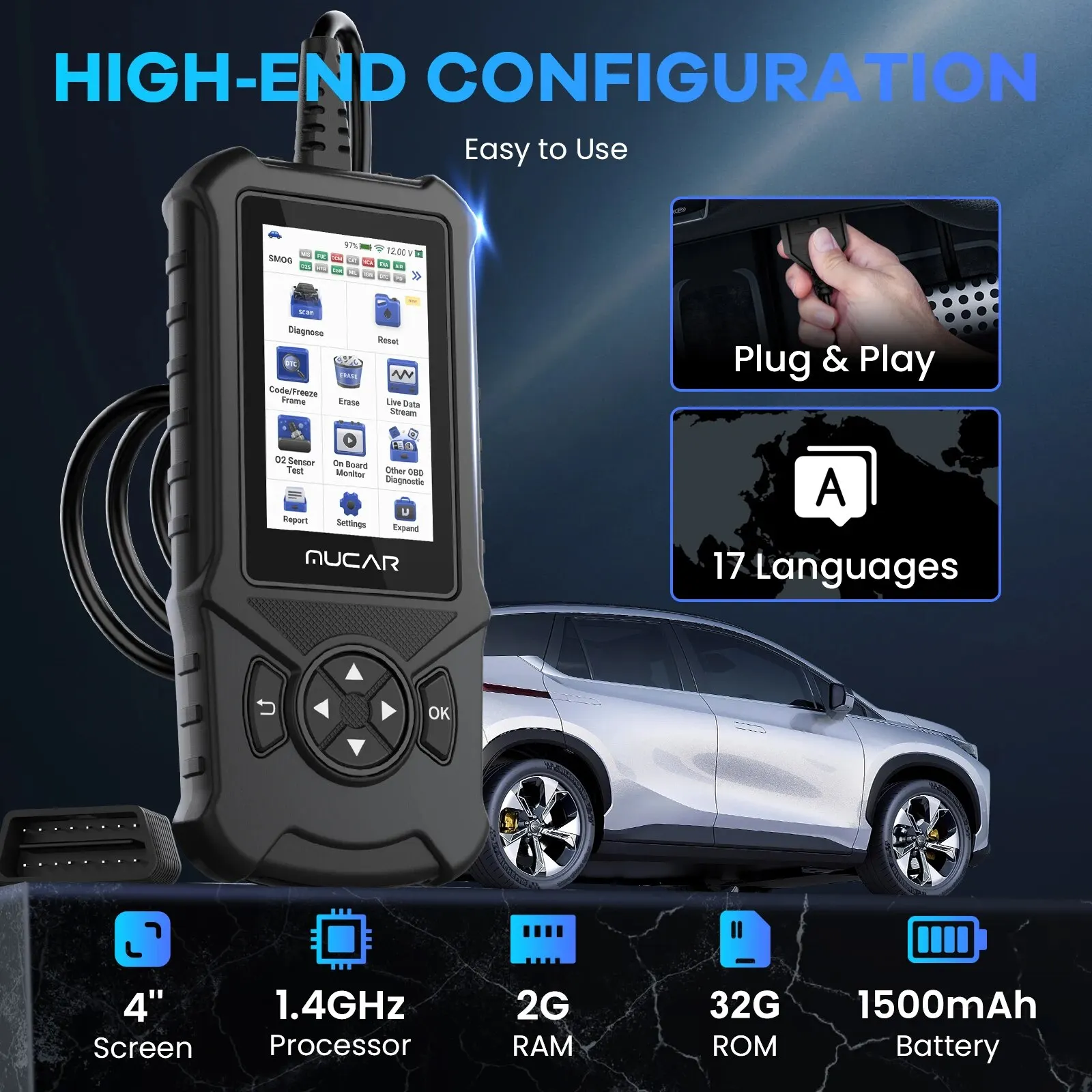 Mucar-CDE900 Auto OBD2 Scanner Motor, Airbag, ABS, Sistema TCM, Diagnosticar Leitor de Código, WiFi, Atualização, Carro Ferramenta De Diagnóstico