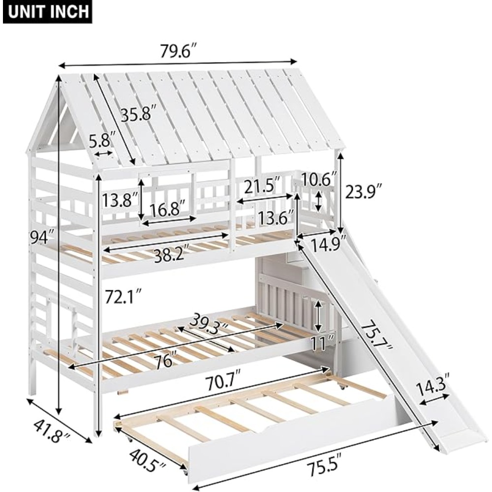 Bunk Beds Twin Over Twin with Slide,Twin Bunk Bed with Storage Stairs and Trundle,Wood Kids Bunk Bed with Roof and Window Design