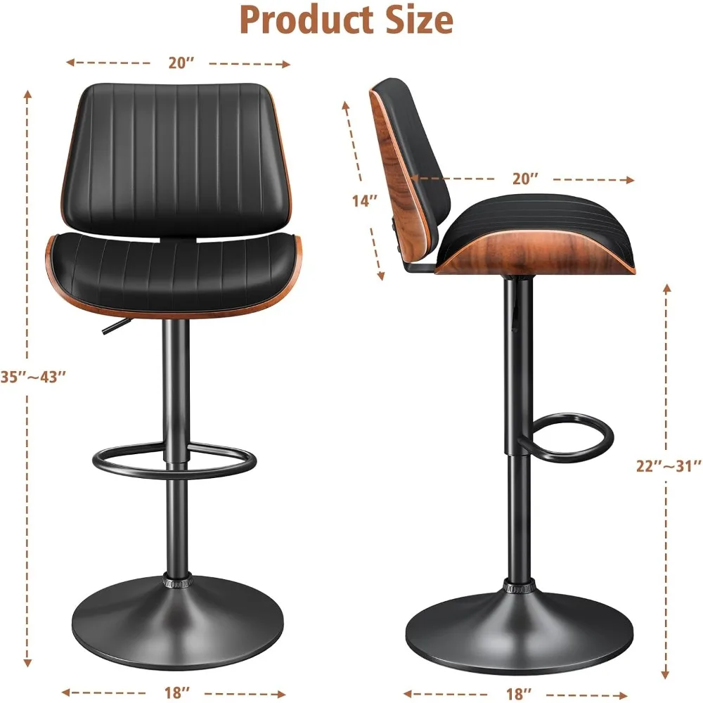 Bar Stools Set of 3, Modern Barstools with Bentwood Back and Leather Seat, Barstools for Kitchen Counter