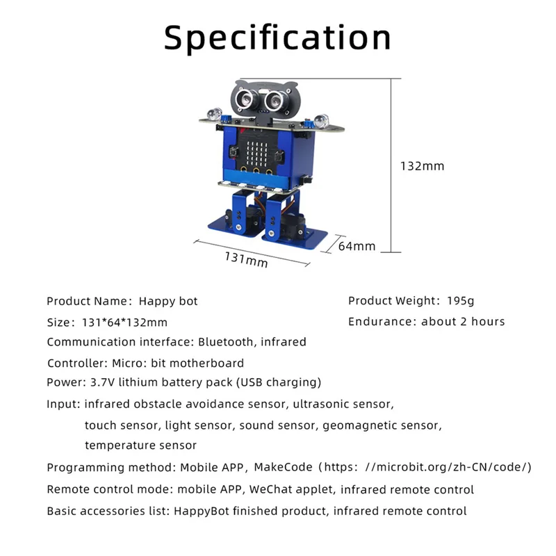 Carro de programação AC93-Happybot + XR Scratch Biped Walking Dance Music Micro:Bit Placa-mãe APP