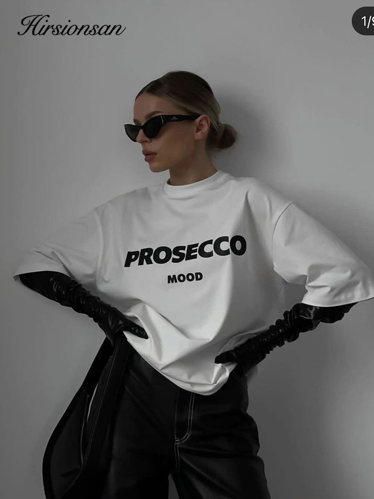 Hirsionsan-Camiseta 100% de algodón con estampado de letras para mujer, blusa básica Vintage, blusa informal holgada Chic con cuello redondo para mujer, Tops para pareja 2024