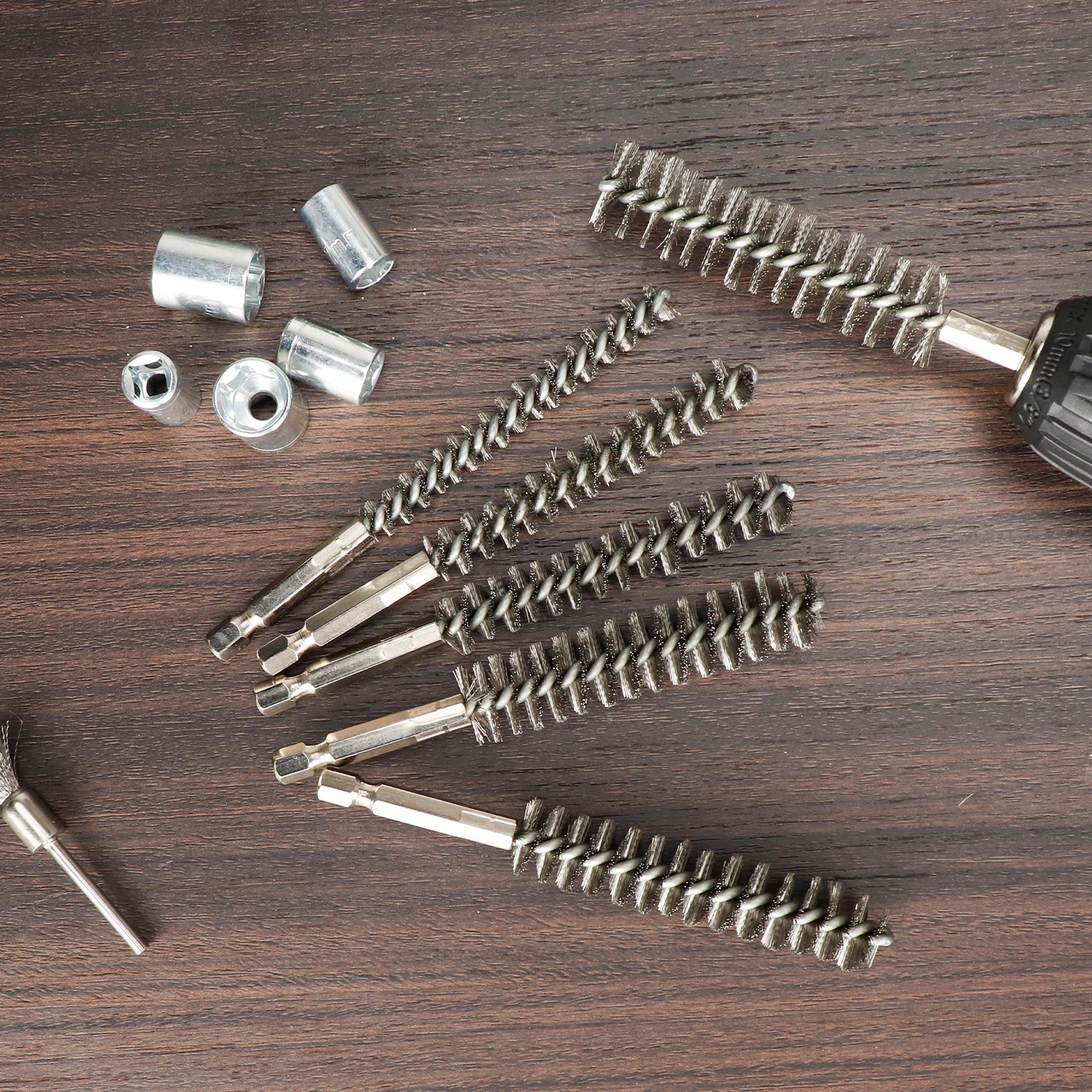 แปรงลวดเจาะแปรงทําความสะอาด 1/4 "หกเหลี่ยมแปรงสแตนเลสสําหรับ Anti-Rust ทําความสะอาดท่อพอร์ต 8-19 มม.