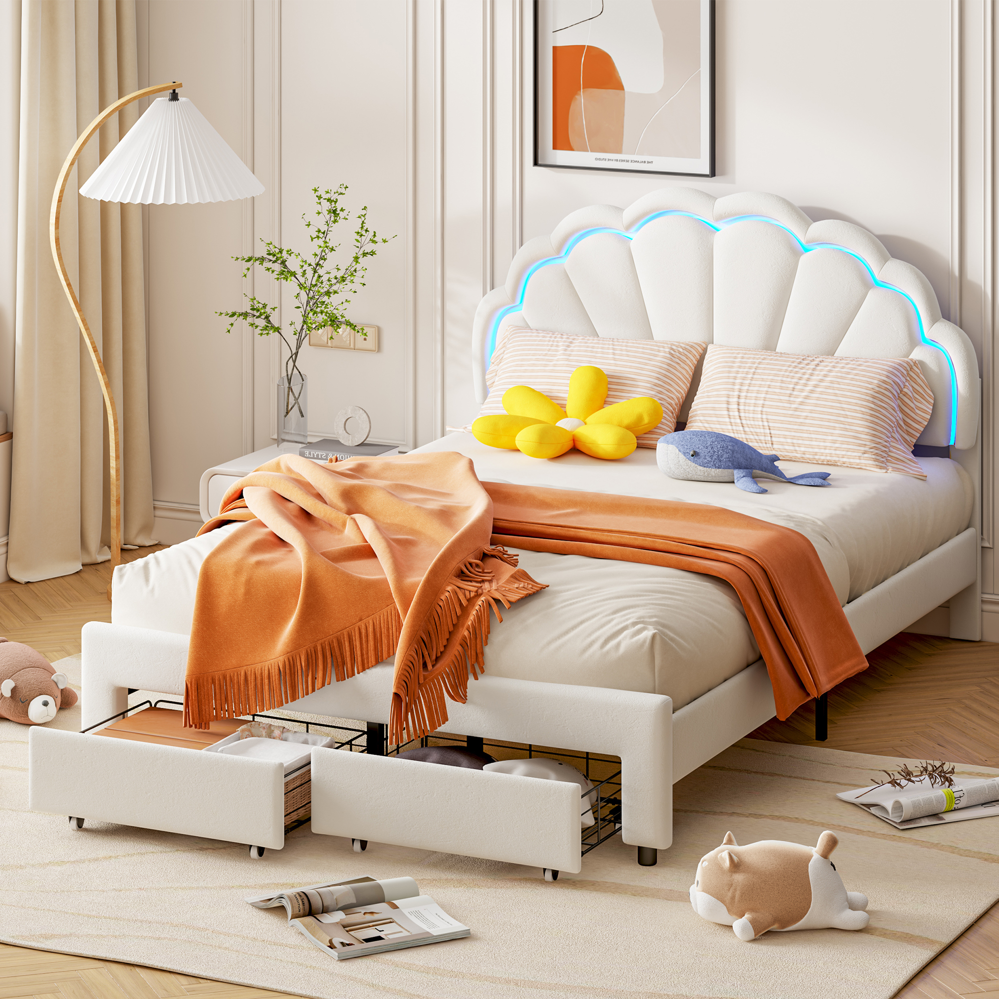 Cama infantil tapizada de 140 x 200 cm, estructura de cama con cabecero en forma de flor y somier de láminas, para niña adolescente, sin colchón