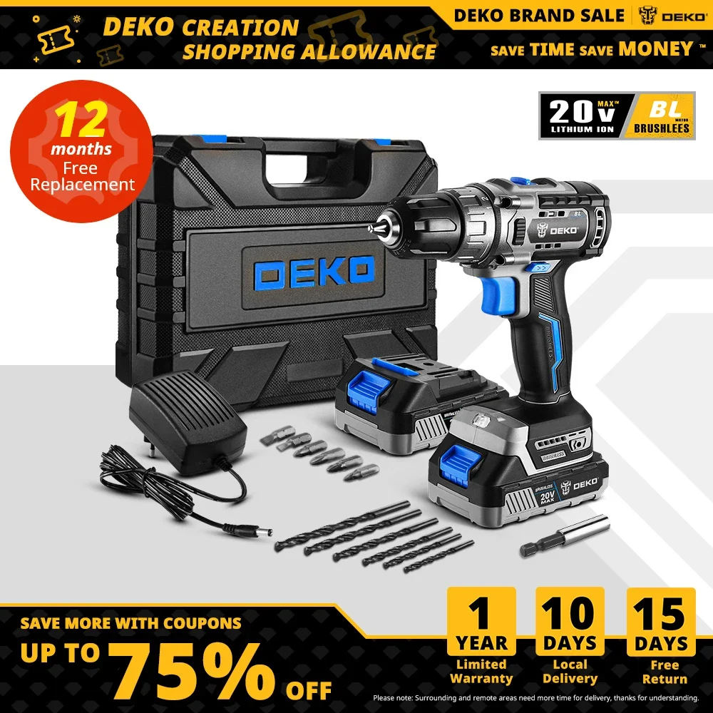 DEKO Kit combinato trapano a batteria senza spazzole 20V Mini cacciavite elettrico Utensili elettrici a 2 velocità per la lavorazione del legno