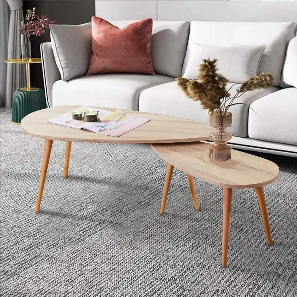 Kostenloser Versand-GOLDFAN 2er Set Couchtisch Rund Holz Moderner Wohnzimmertisch Set Beistelltisch Wohnzimmer Kaffeetisch, Brau