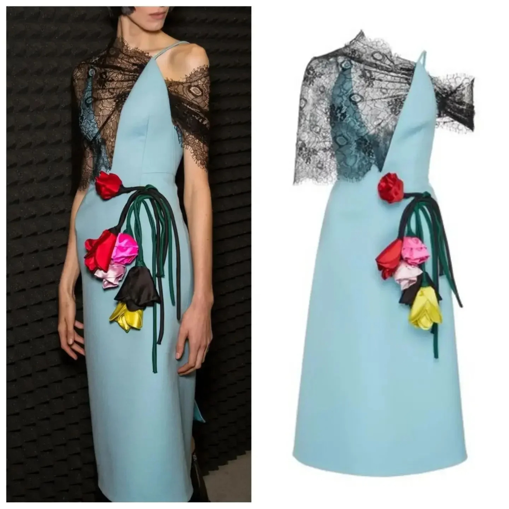 Personalizado Simple Jersey plisado flor A-line un hombro vestidos Midi vestidos de graduación clásico exquisito estilo moderno Pastrol Unise