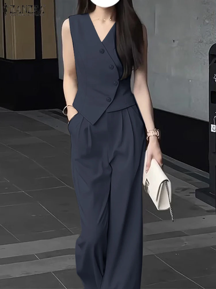 Zanzea elegante Sommer ärmellose Tops Hose mit weitem Bein 2 Stück Sets solide Büro Dame Outfits Frauen ol Arbeits hose Sets 2 Stück