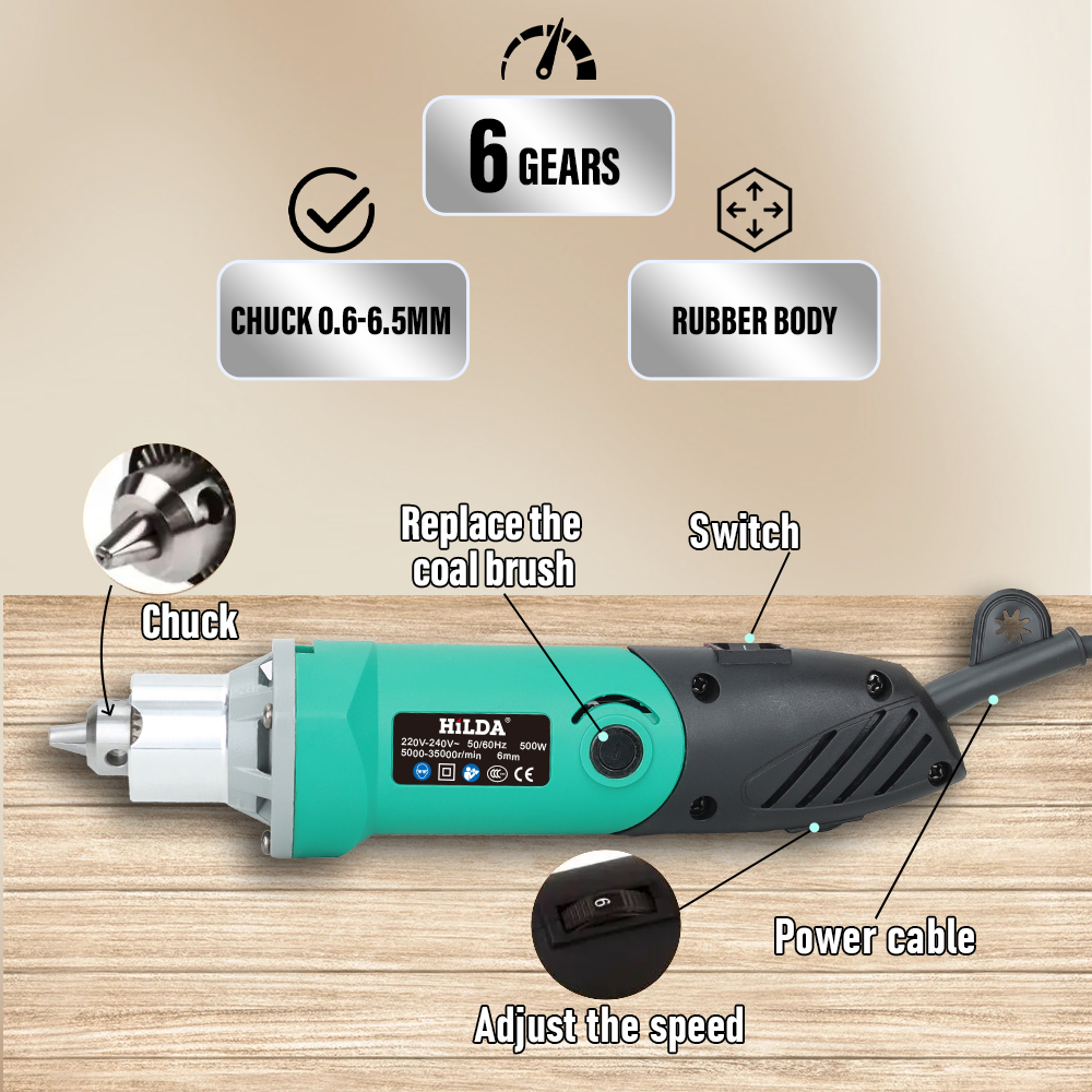 HILDA 500W Green Engraver Electric Drill 6-Position Variable Speed High-Power Woodworking Rotary Tools Set Grinder Polishing