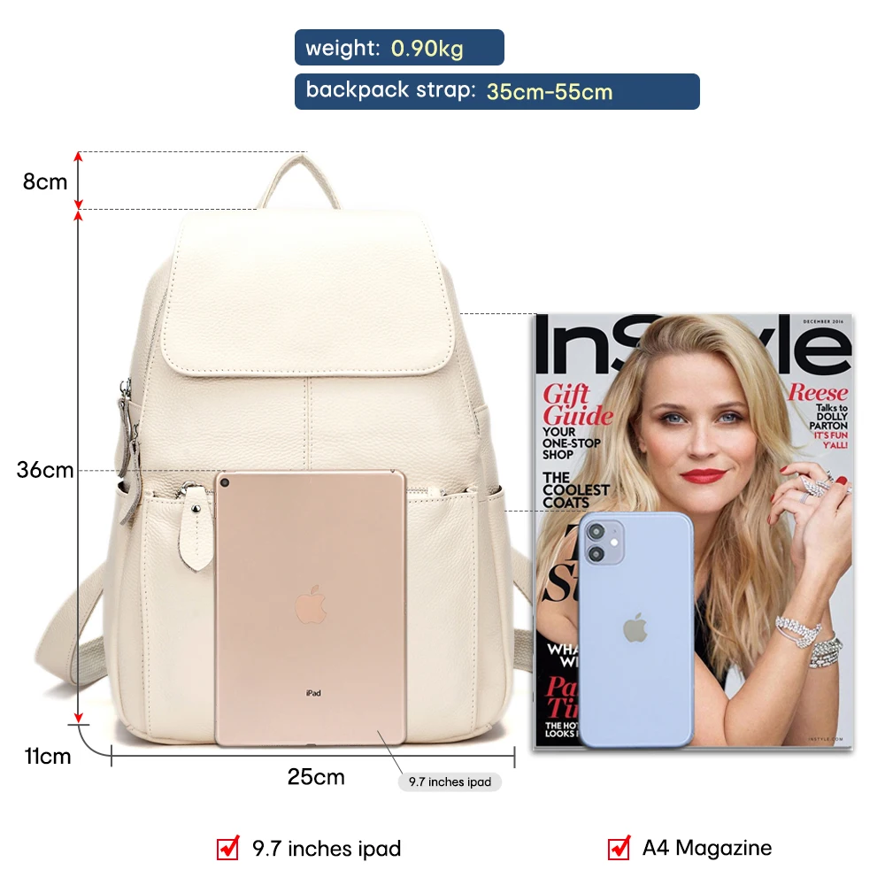 Zency-女性のための本革のバックパック、盗難防止ナップザック、旅行デザイナーのリュックサック、大容量、黒と白、スタイリッシュ、品質、プラス