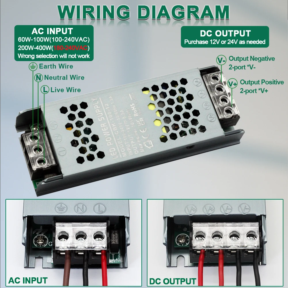 Ultra-thin silent LED power supply DC 12V 24V transformer supply 60W-400W power  AC 100-265V quality ultra thin led transformers