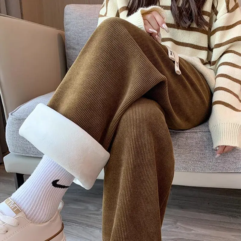 ฤดูใบไม้ร่วงฤดูหนาวใหม่หลวมทั้งหมดตรงกับกางเกง Corduroy Elastic เอวขนแกะสบายๆตรงกางเกงแฟชั่นผู้หญิงวินเทจเสื้อผ้า