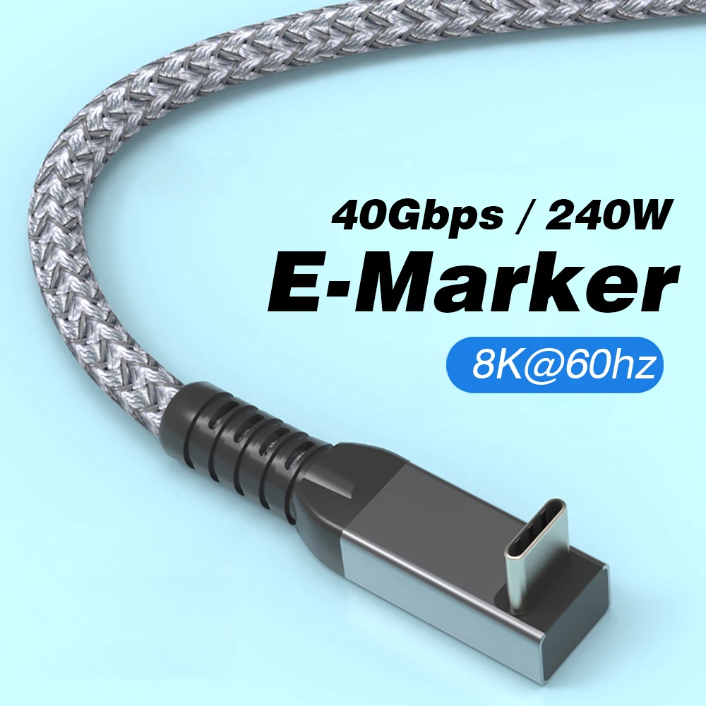 Thunderbolt USB 4 Cable de ángulo de 90 grados 40Gbps USB4 codo tipo C Thunderbolt3 4 Cable de transferencia de datos USB C PD240W carga rápida