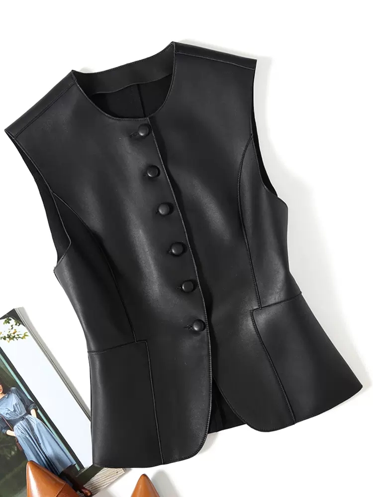 Women's Vest, Single Breasted, Sheepskin Tang, Round Neck, Genuine Leather Vest, Short Outerwear, Spring And Autumn