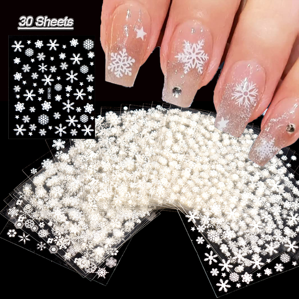 30 Sheets Christmas Nail Art Stickers Self Adhesive 3D White Snowflake Nail Decals Xmas Nail Supplies Christmas Manicure Sliders